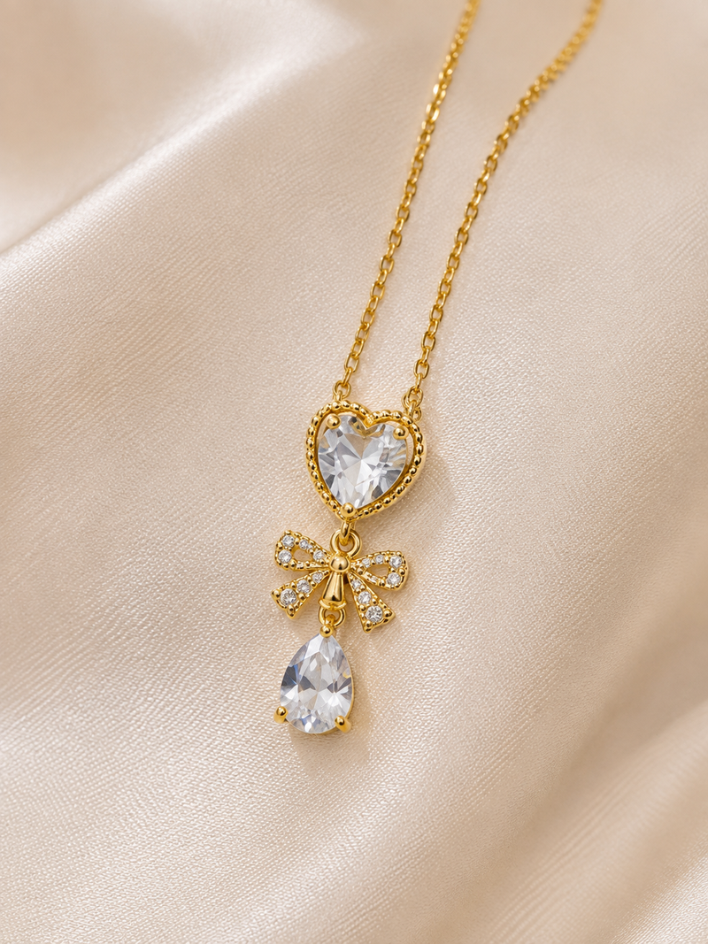 Crystal Heart Bow Pendant Necklace