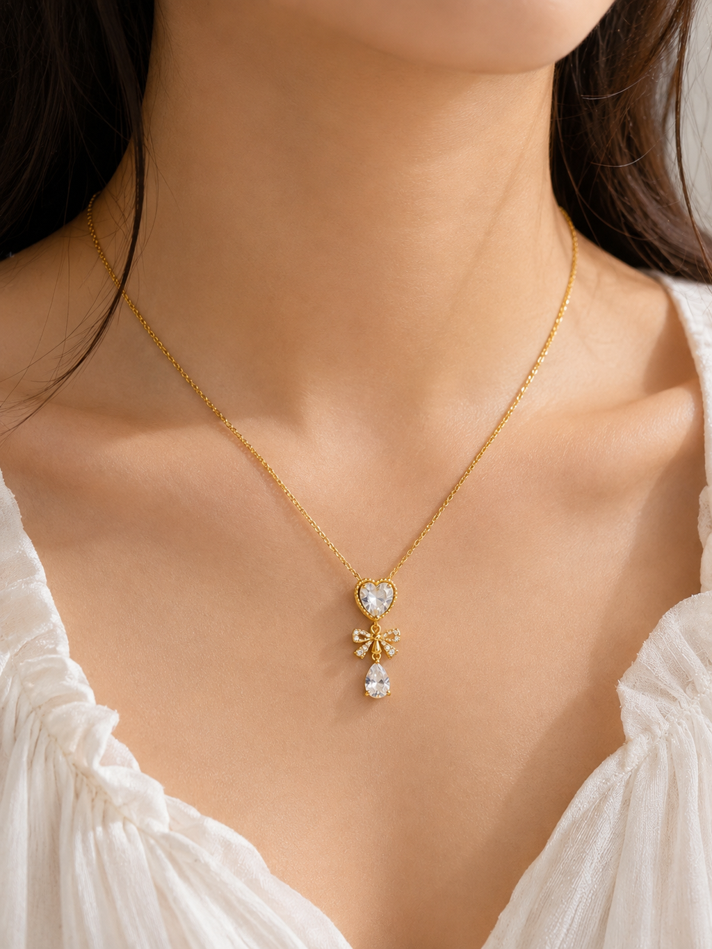 Crystal Heart Bow Pendant Necklace