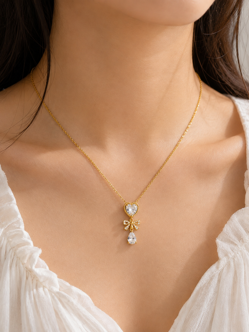 Crystal Heart Bow Pendant Necklace