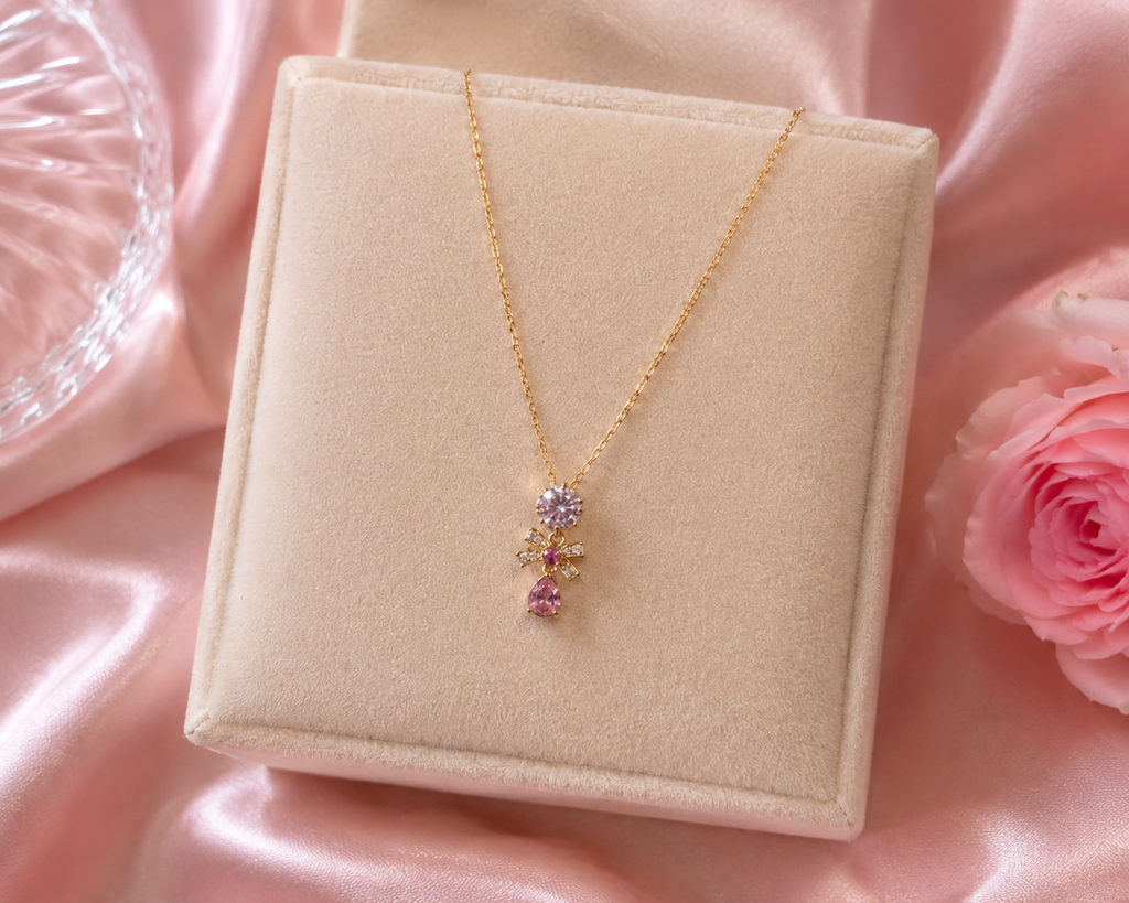 Pink Bow Crystal Pendant Necklace